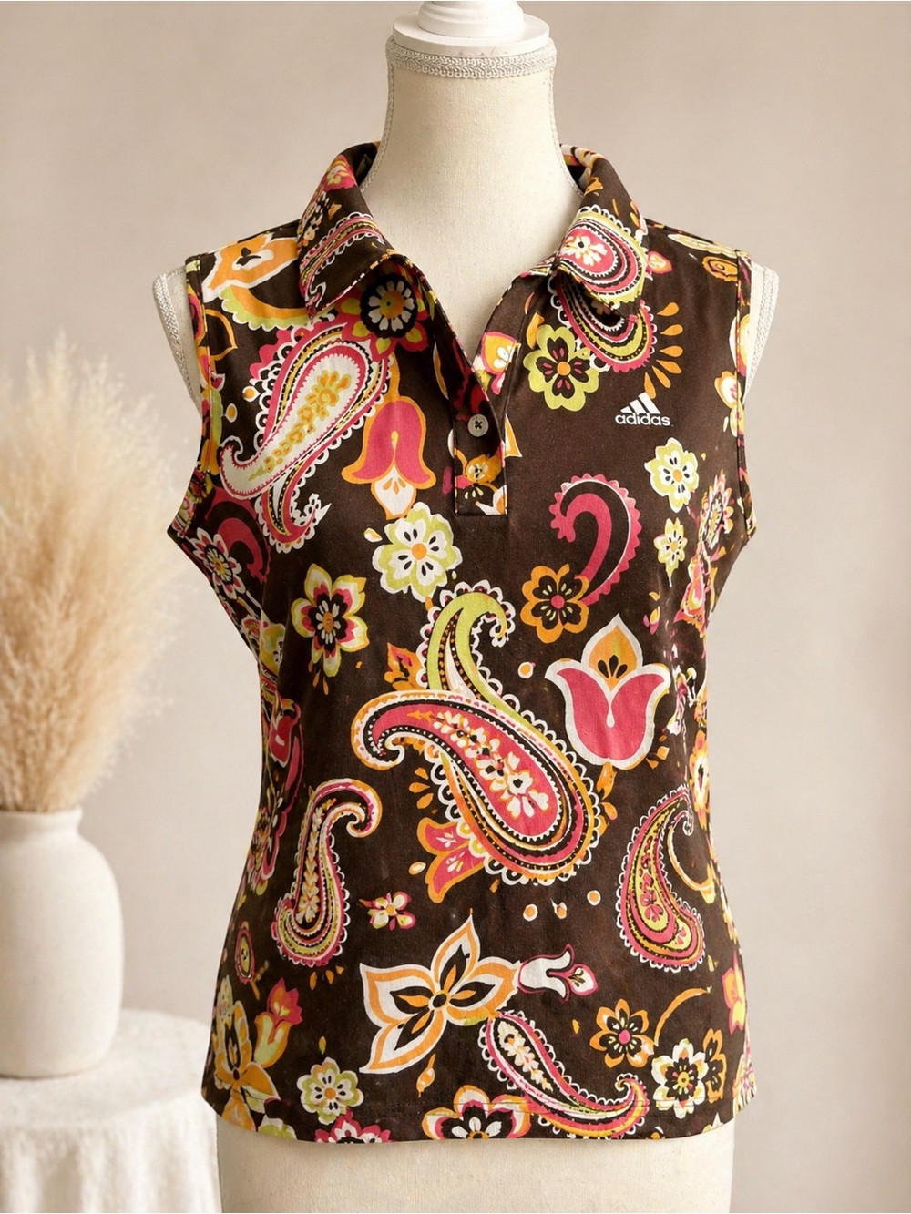 Adidas Paisley Floral Sleeveless Golf Polo Top L Retro Sporty Chic Stretch - Picture 1 of 10